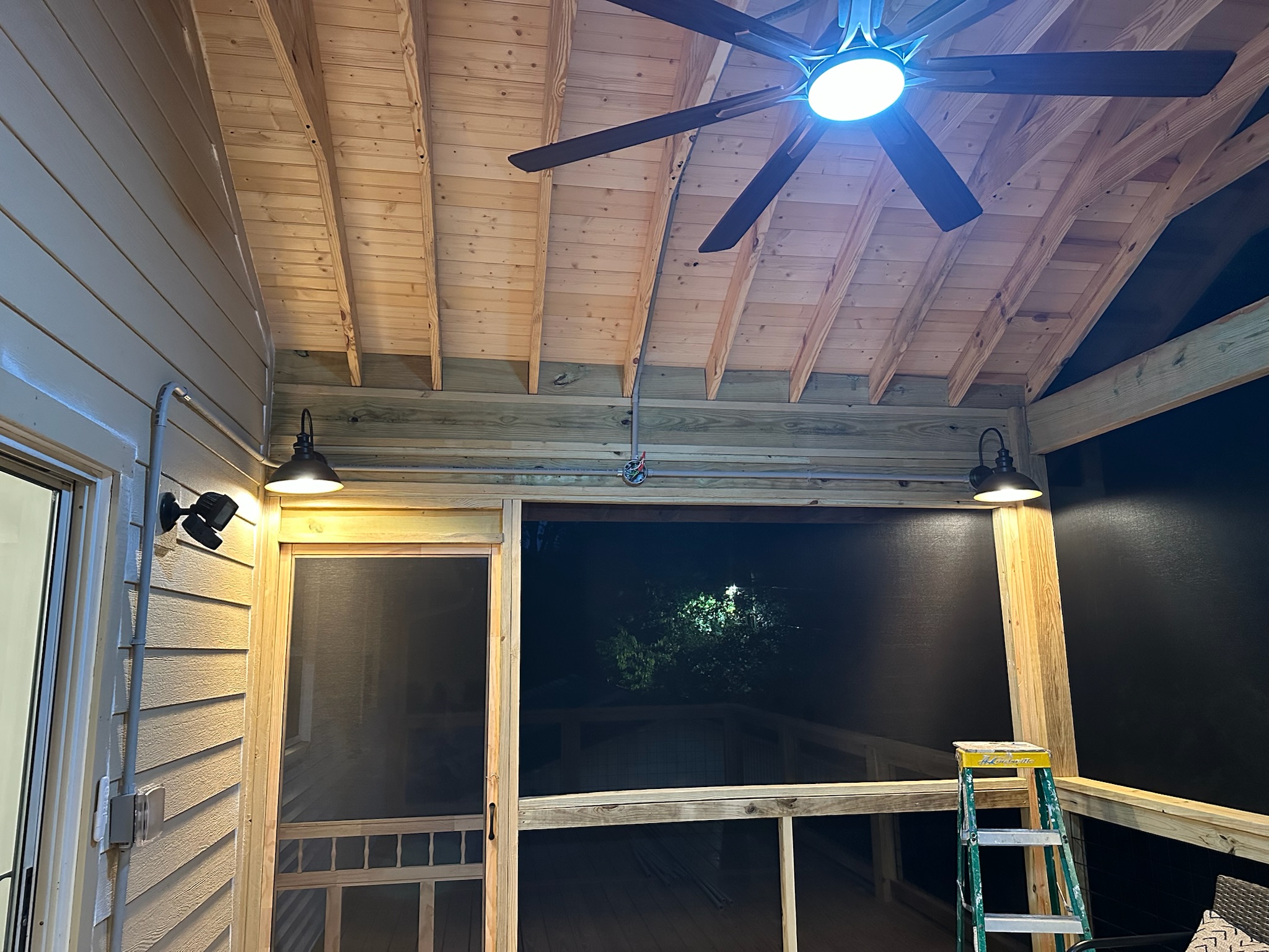Screened porch — fan + barn sconces — Etowah